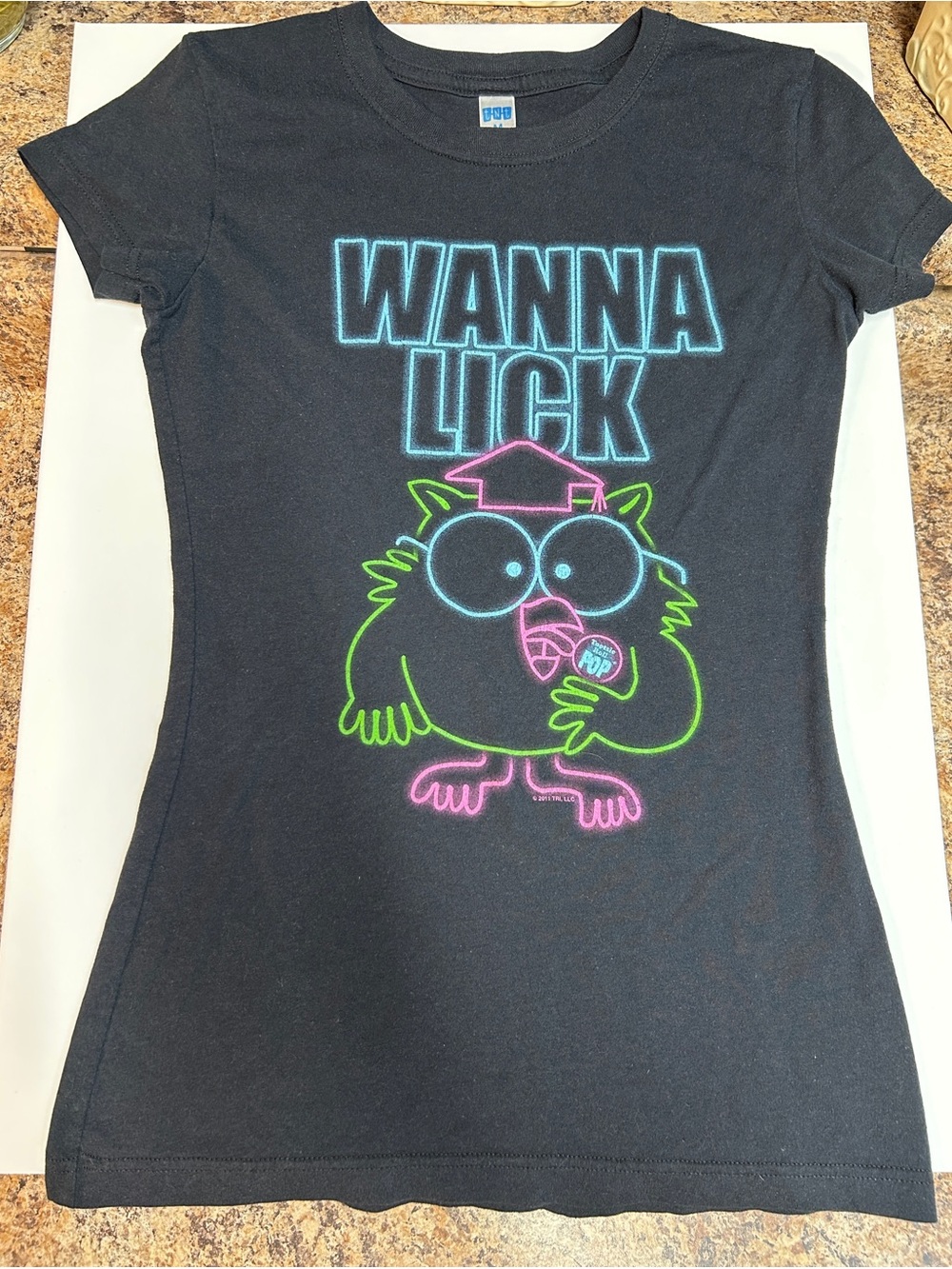 Girls' Black Short-Sleeve Graphic Tee with Neon Owl Design